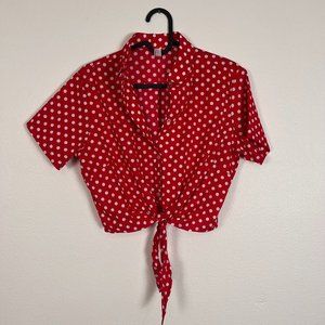American Apparel Womens Red White Polka Dot Tie Front Crop Top Short Sleeve XS